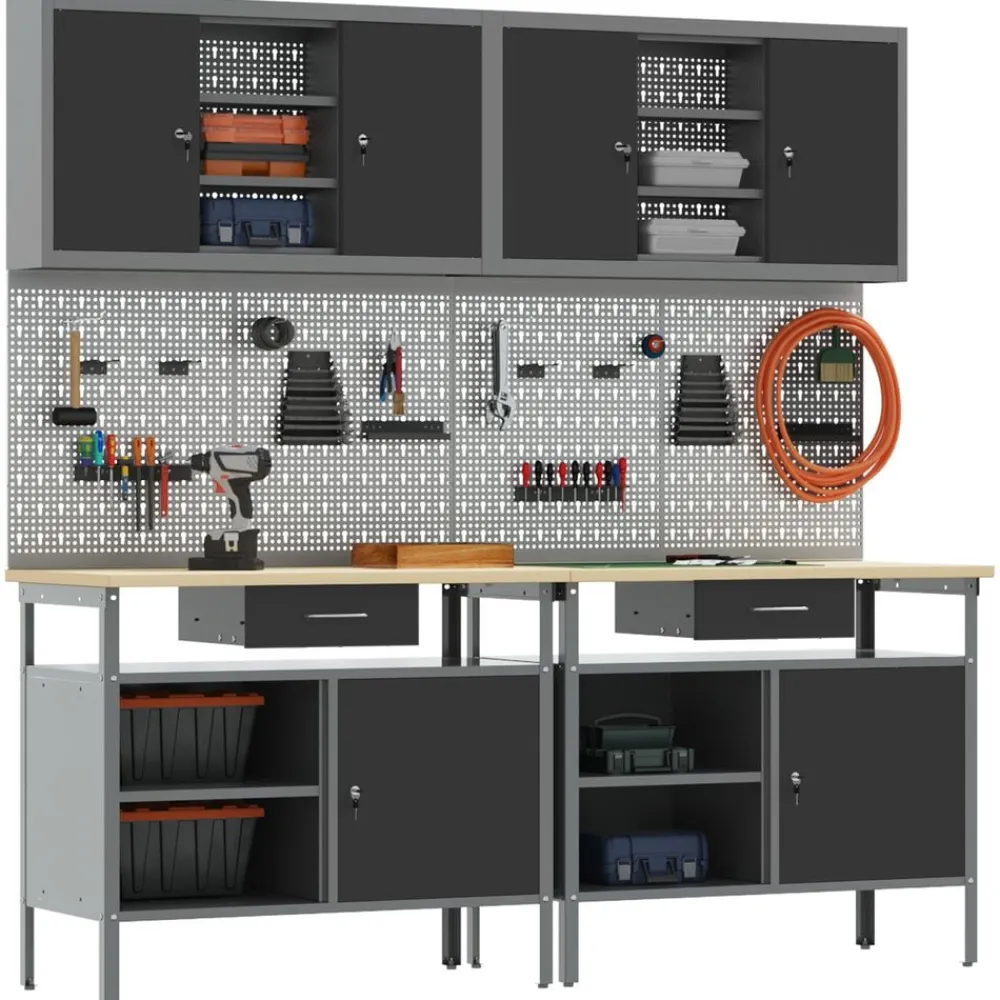 vidaXL Accesorios De Bricolaje-Conjunto de banco de trabajo con cajón 8 pcs Rojo y Gris