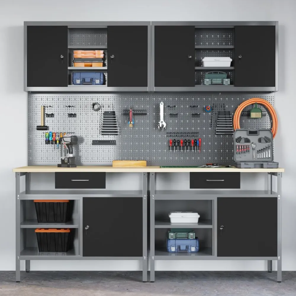 vidaXL Accesorios De Bricolaje-Conjunto de banco de trabajo con cajón 8 pcs Rojo y Gris