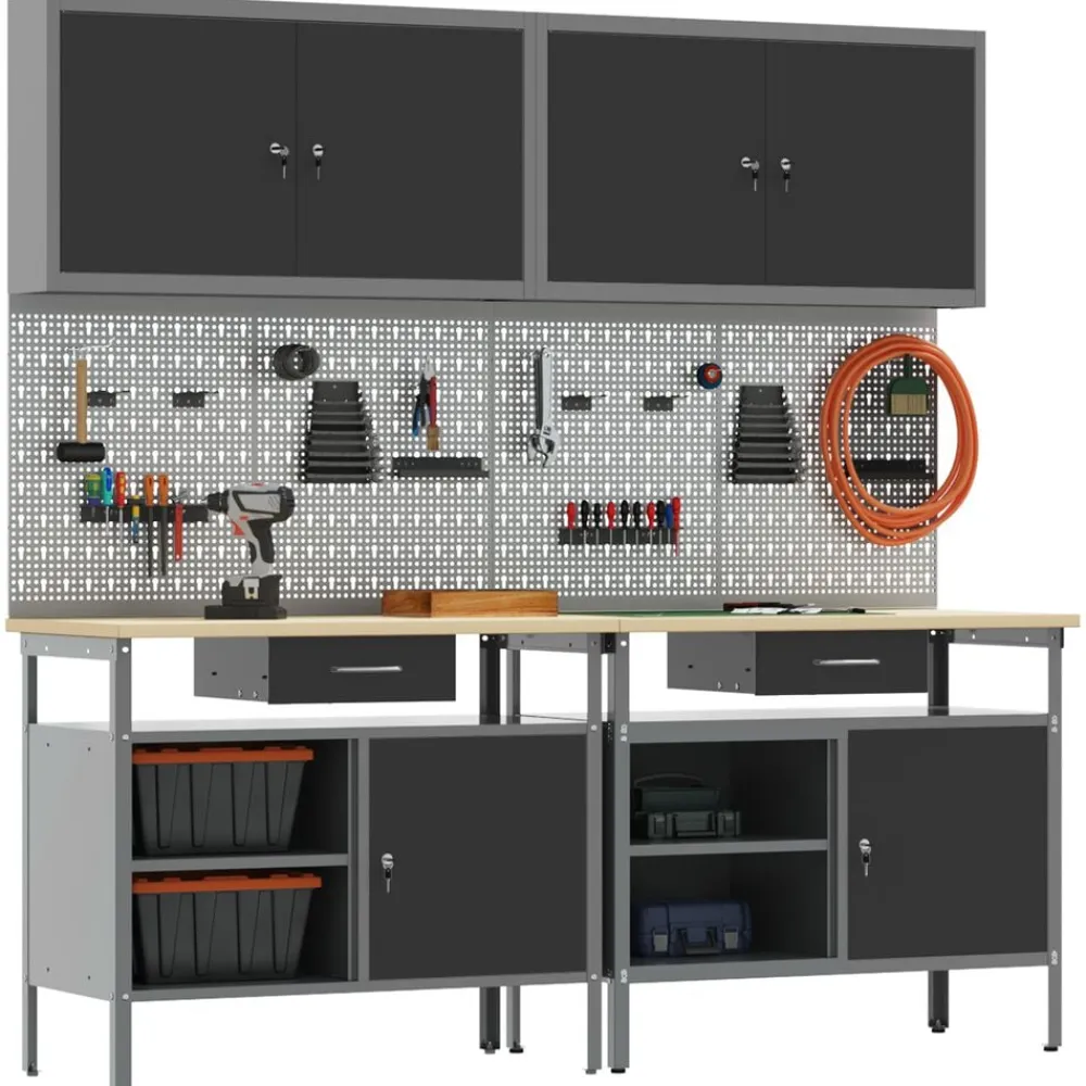 vidaXL Accesorios De Bricolaje-Conjunto de banco de trabajo con cajón 8 pcs y Gris