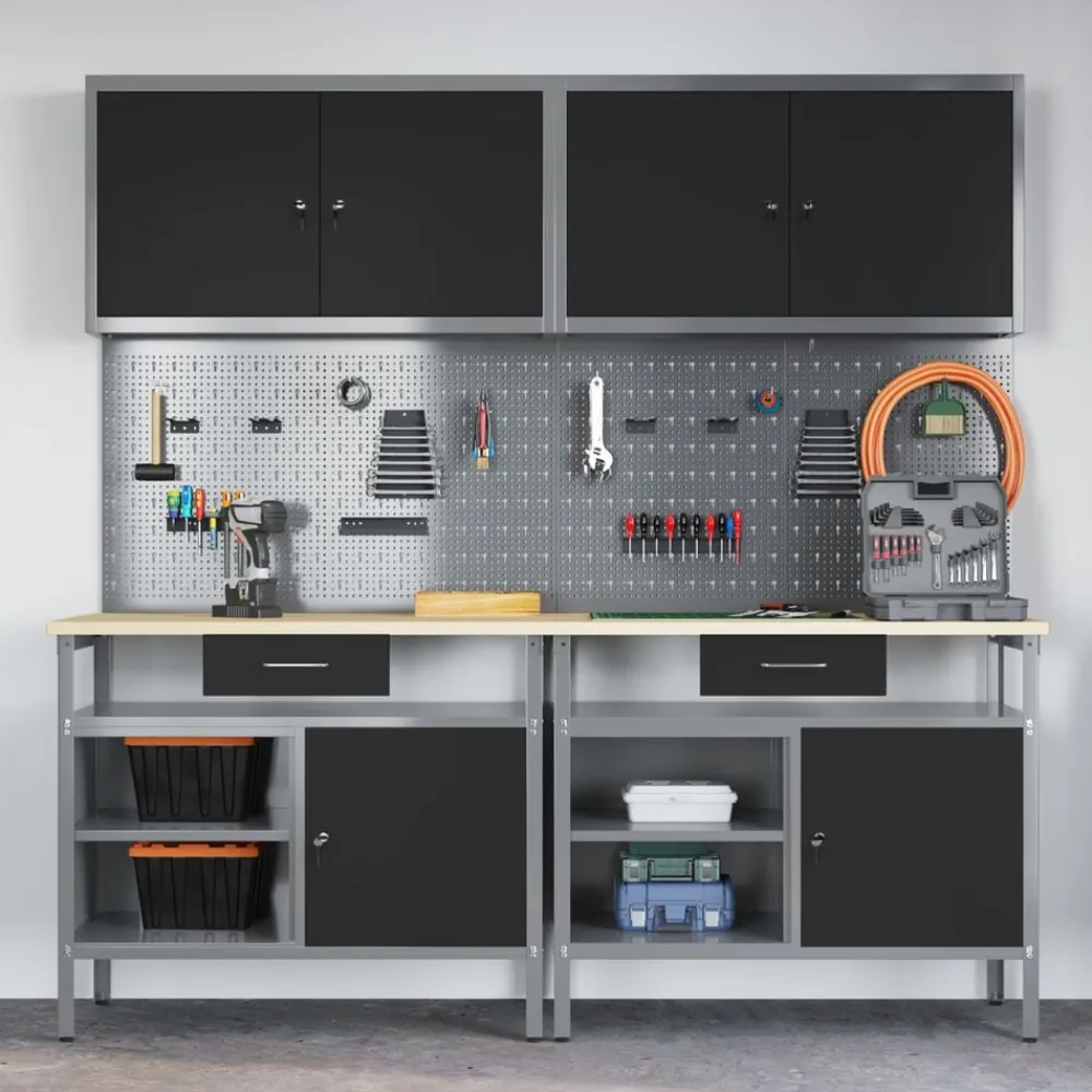 vidaXL Accesorios De Bricolaje-Conjunto de banco de trabajo con cajón 8 pcs y Gris