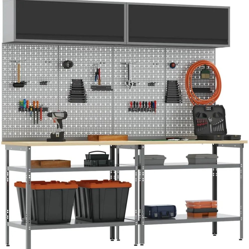 vidaXL Accesorios De Bricolaje-Conjunto de banco de trabajo con estante 8 pcs y Gris