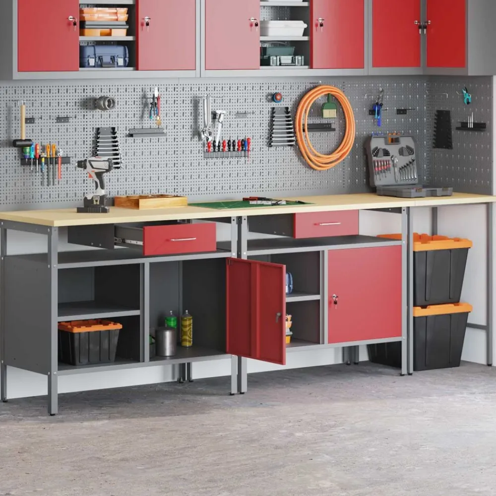 vidaXL Conjunto de banco de trabajo con cajón 3 pcs Negro y Gris Rojo Best