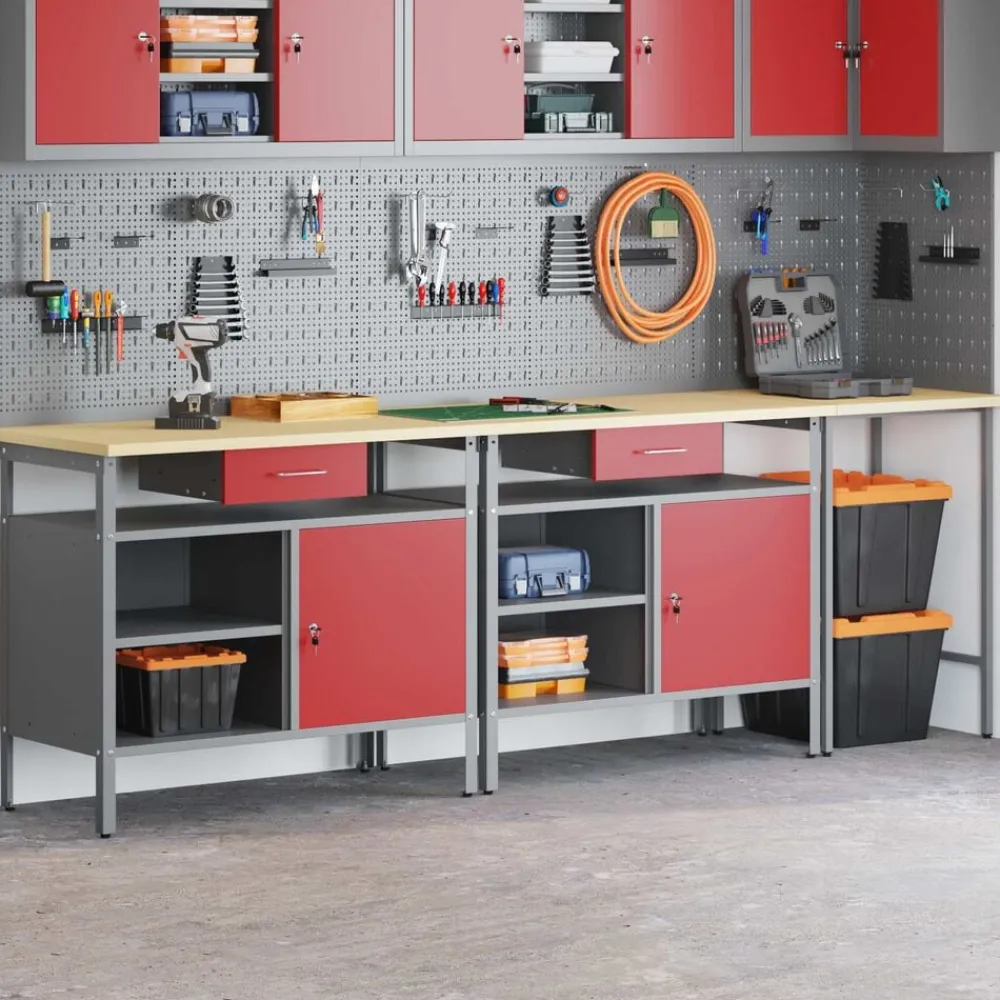 vidaXL Conjunto de banco de trabajo con cajón 3 pcs Negro y Gris Rojo Best