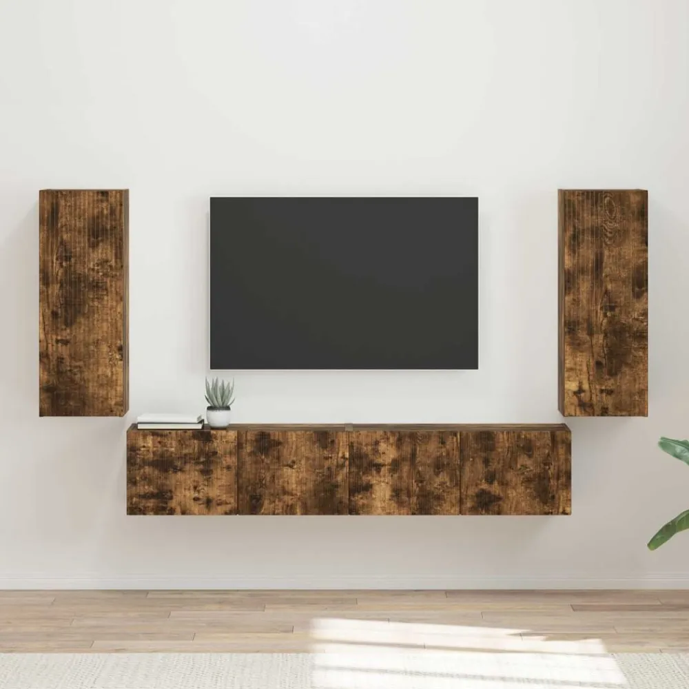 vidaXL Conjunto de mueble para TV de pared 4 pcs Roble ahumado New