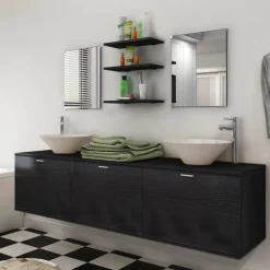 vidaXL Conjunto de muebles de baño y lavabo 8 piezas Negro New