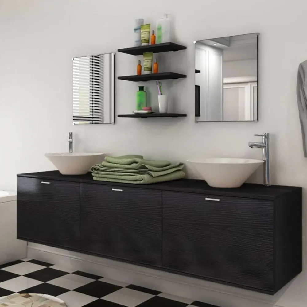 vidaXL Conjunto de muebles de baño y lavabo 8 piezas Negro New