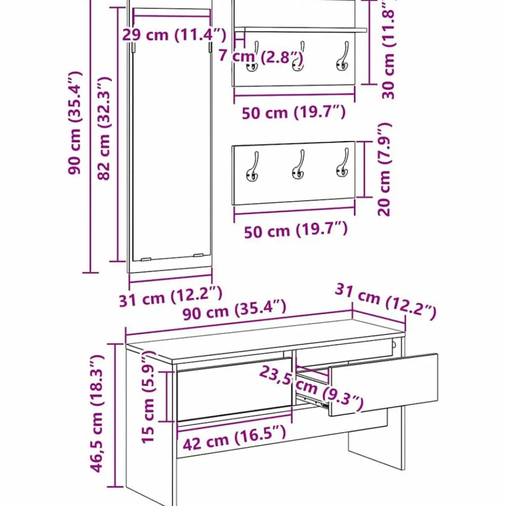 vidaXL Bancos-Conjunto de muebles de recibidor con cajón 4 pcs Roble Negro