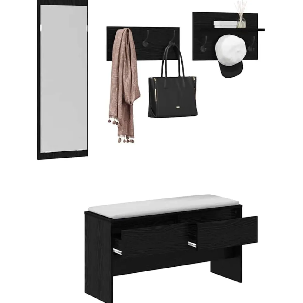 vidaXL Bancos-Conjunto de muebles de recibidor con cajón 4 pcs Roble Negro