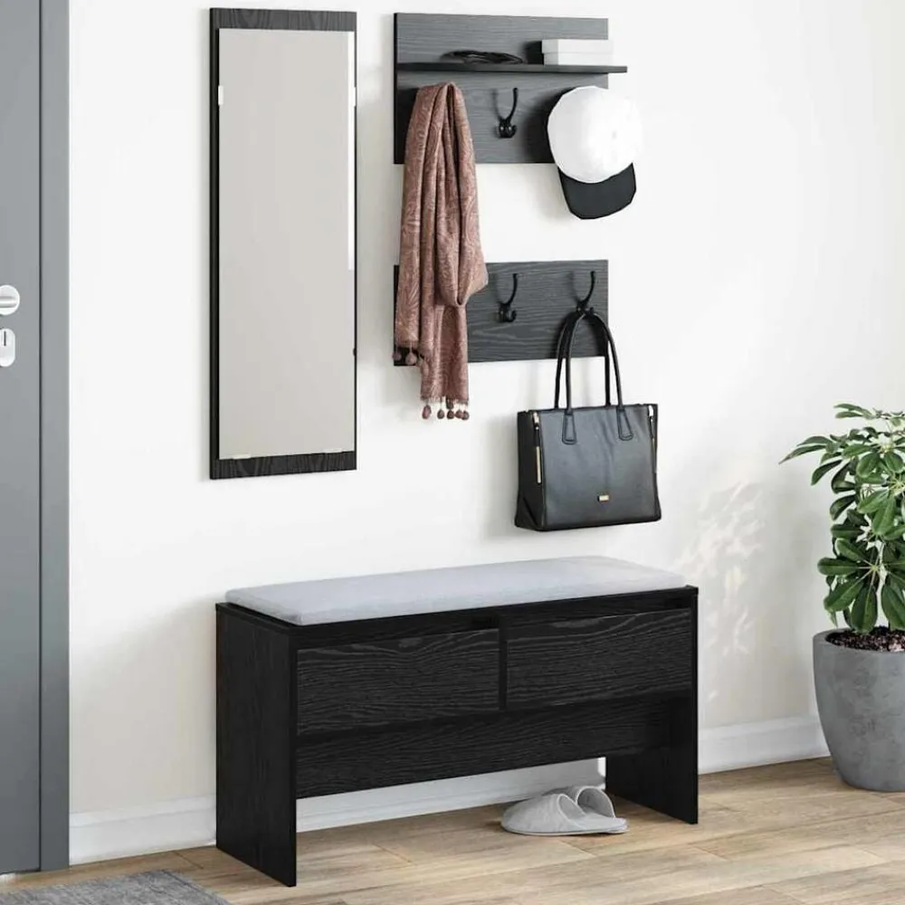 vidaXL Bancos-Conjunto de muebles de recibidor con cajón 4 pcs Roble Negro
