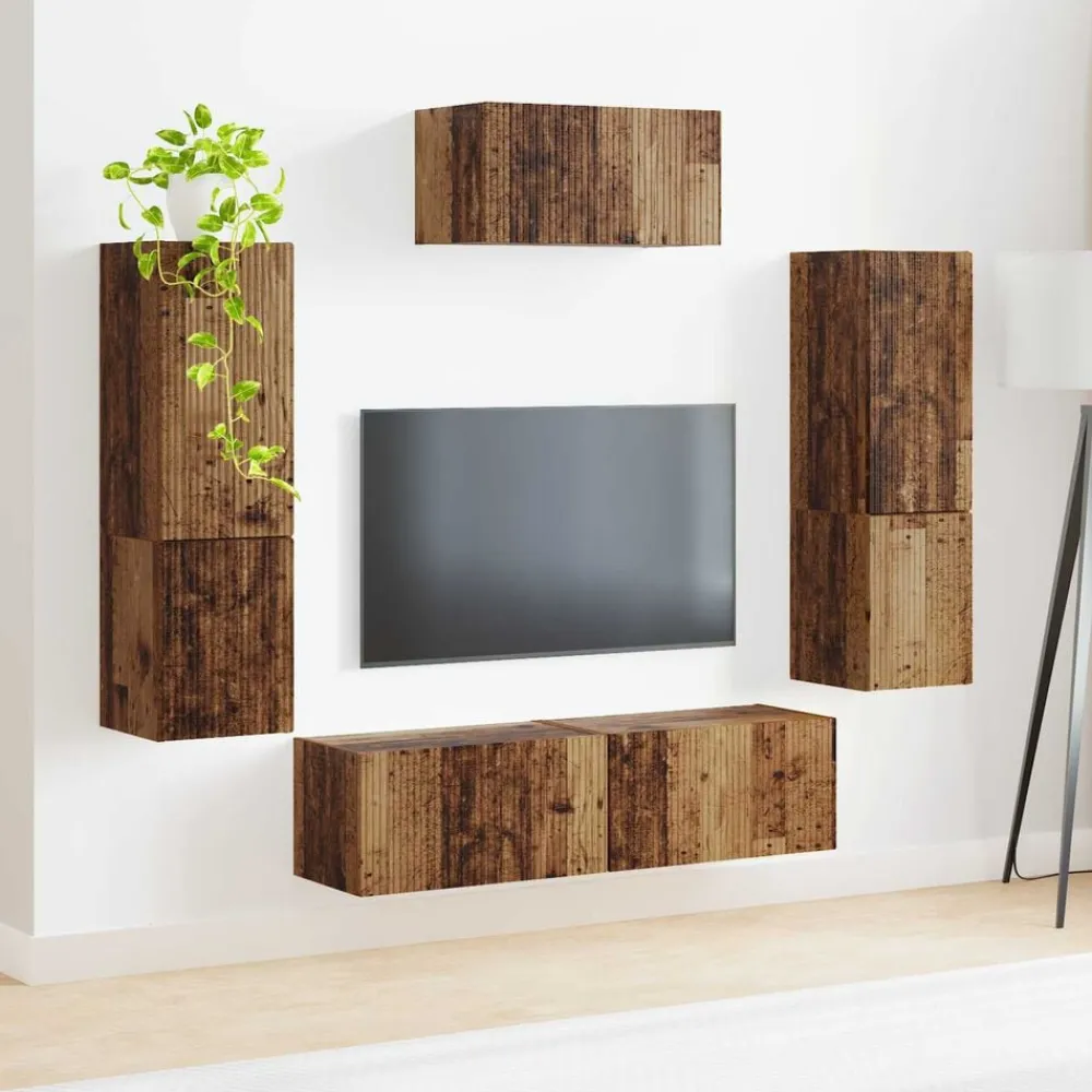 vidaXL Conjunto de mueble de TV Montaje en la pared 4 pcs Madera vieja Madera envejecida Discount