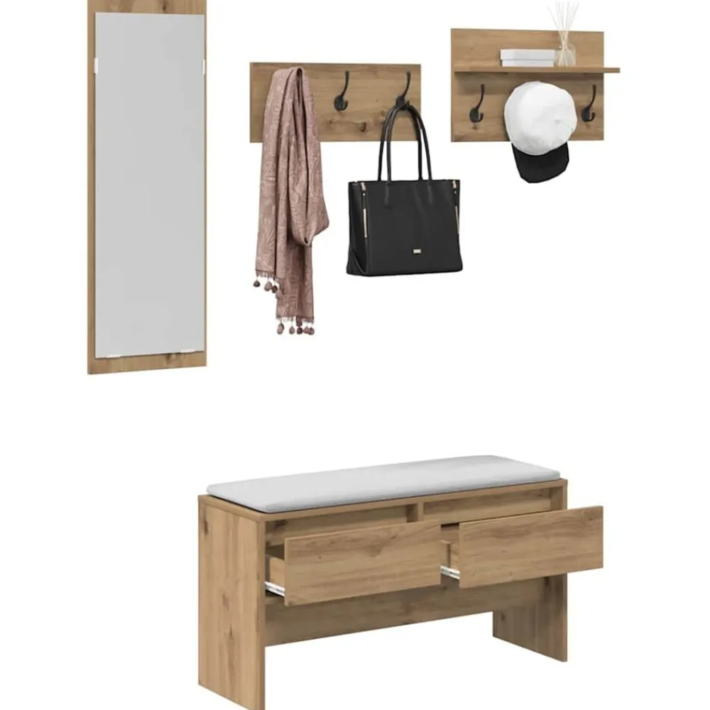 vidaXL Bancos-Conjunto de muebles de recibidor 4 pcs Roble Artesanal