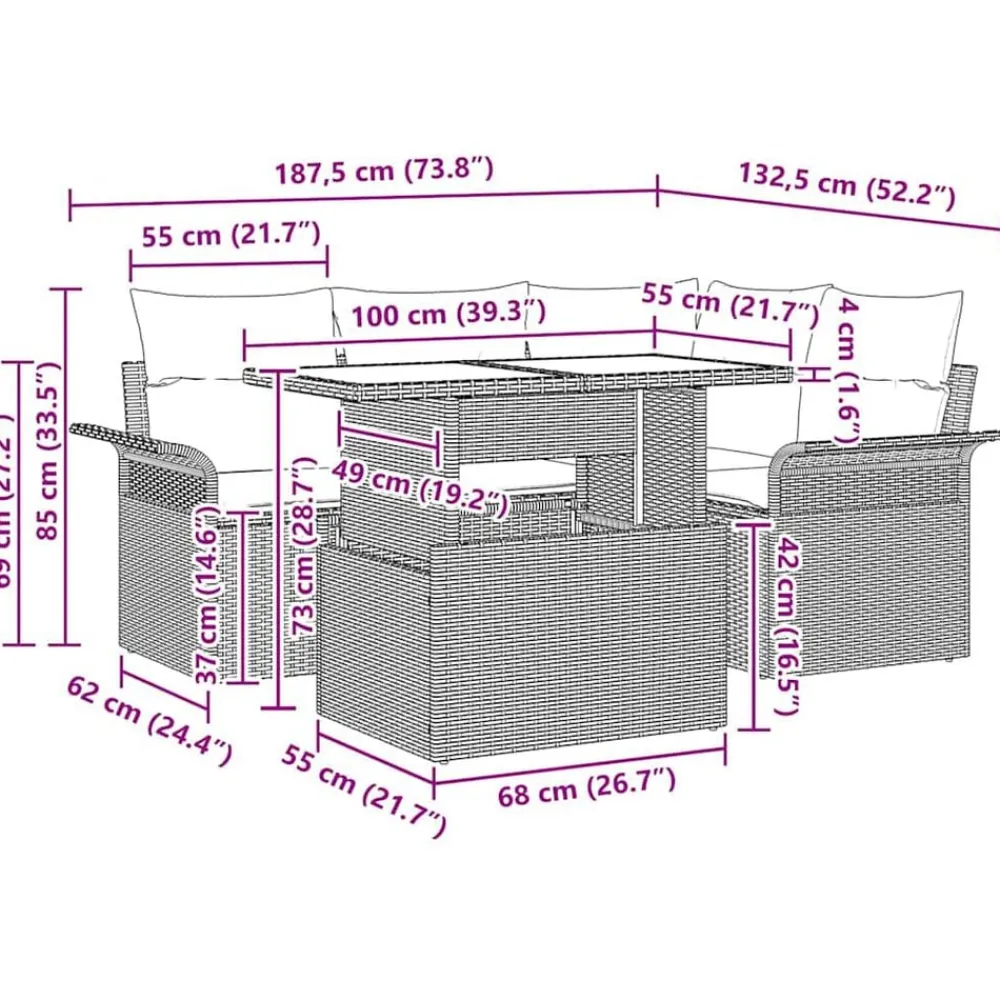 vidaXL Muebles De Jardín-Conjunto de sofá de jardín con cojín 5 pcs Poliratán