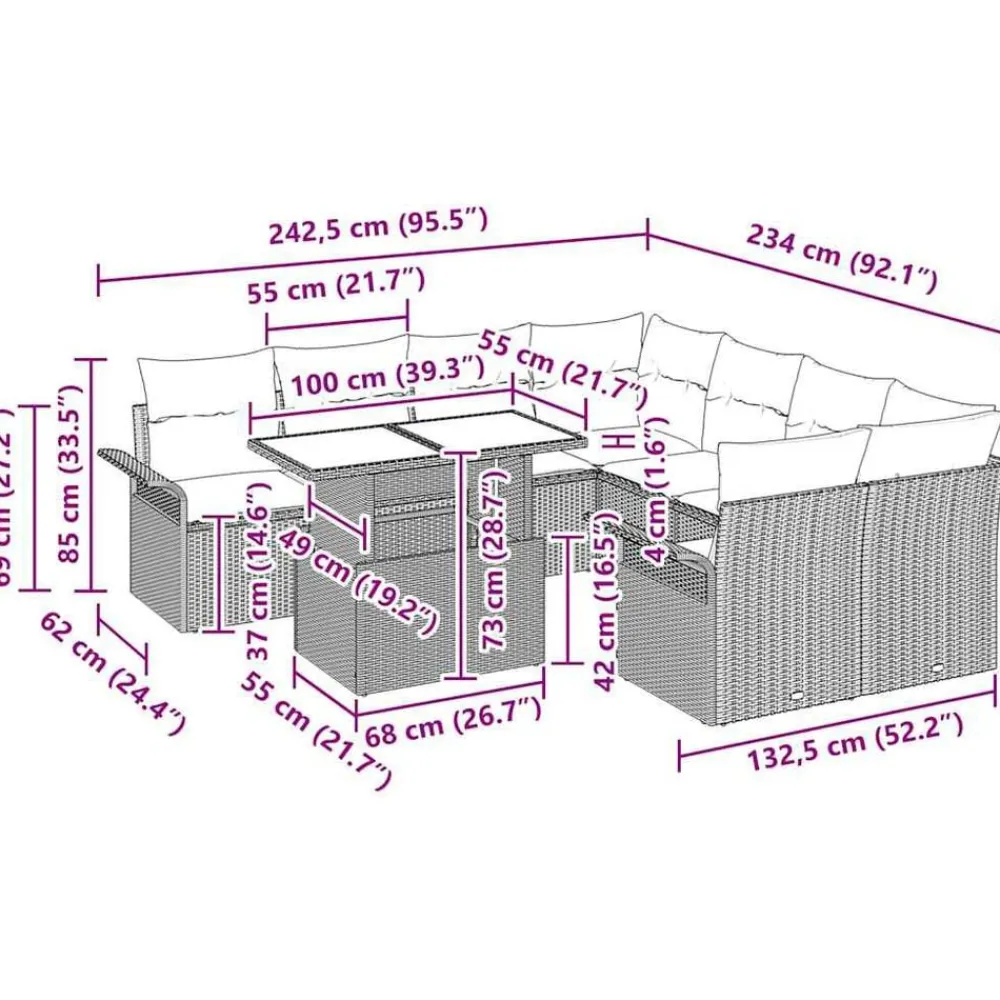 vidaXL Muebles De Jardín-Conjunto de sofá de jardín 9 pcs ratán sintético
