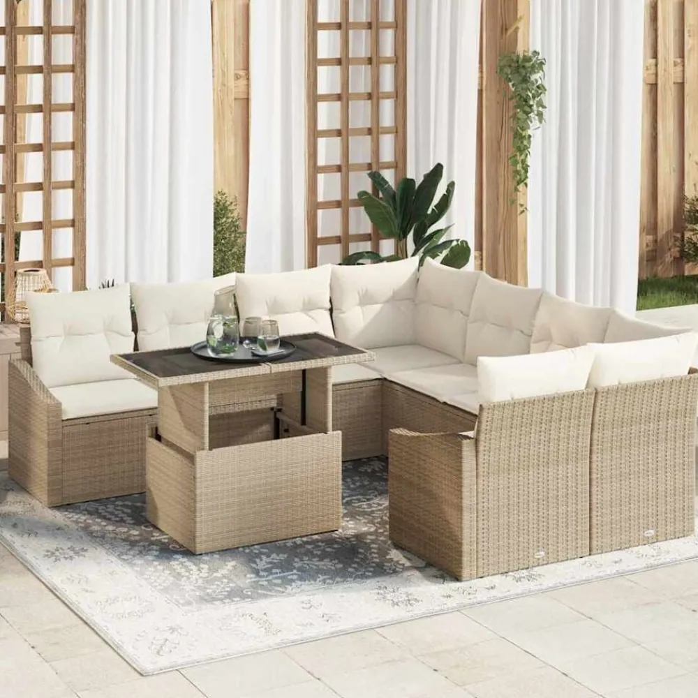 vidaXL Conjunto de sofá de jardín 9 pcs ratán sintético beige y crema Sale