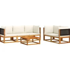 vidaXL Muebles De Jardín-Conjunto de sofá de jardín de 6 piezas con cojines de madera de acacia y ratán