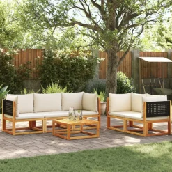 vidaXL Muebles De Jardín-Conjunto de sofá de jardín de 6 piezas con cojines de madera de acacia y ratán