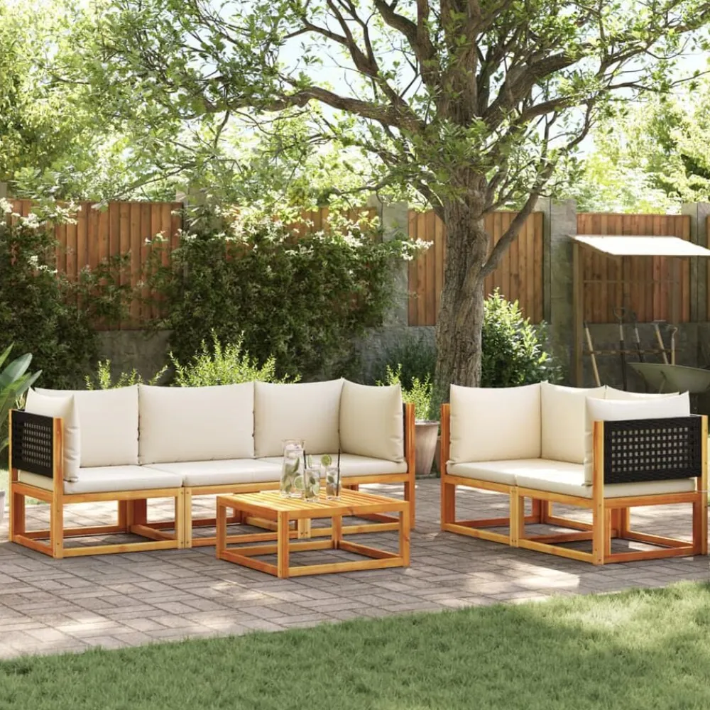 vidaXL Muebles De Jardín-Conjunto de sofá de jardín de 6 piezas con cojines de madera de acacia y ratán