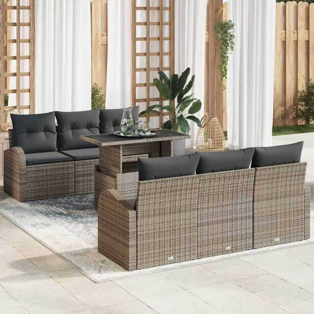 vidaXL Conjunto de sofá de jardín con cojín 7 pcs Poliratán Gris Clearance