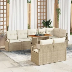 vidaXL Conjunto de sofá de jardín 9 pcs Beige Poliratán Beige y blanco Outlet
