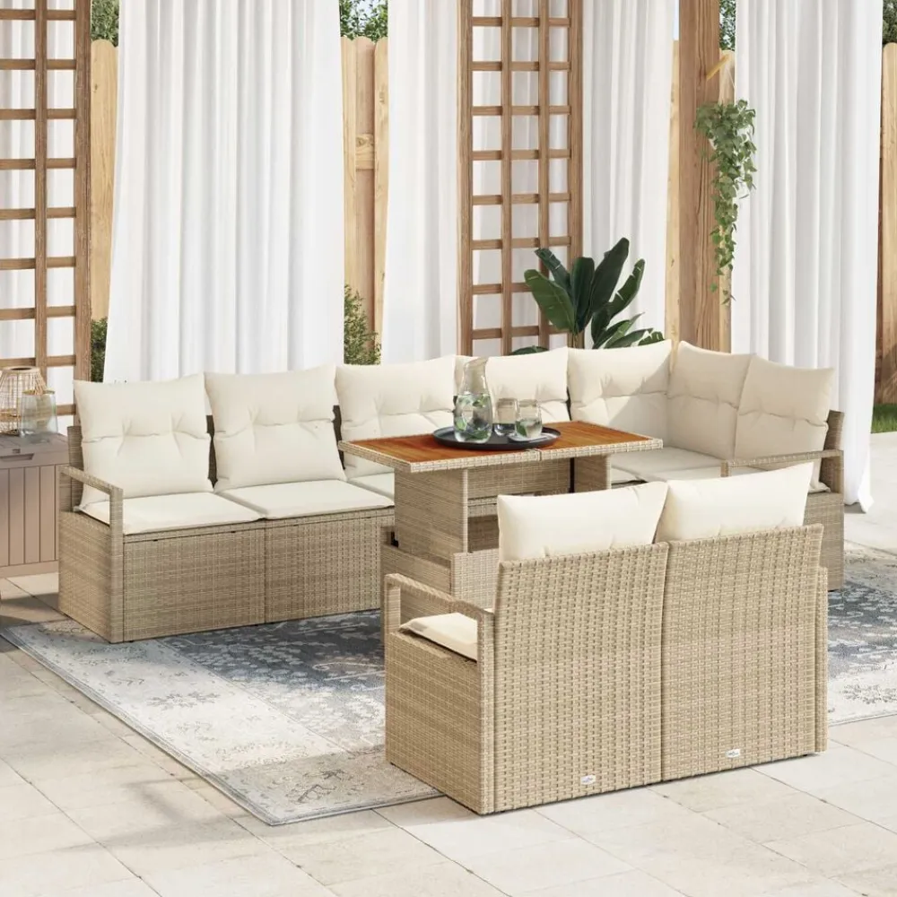 vidaXL Conjunto de sofá de jardín 9 pcs Beige Poliratán Beige y blanco Outlet