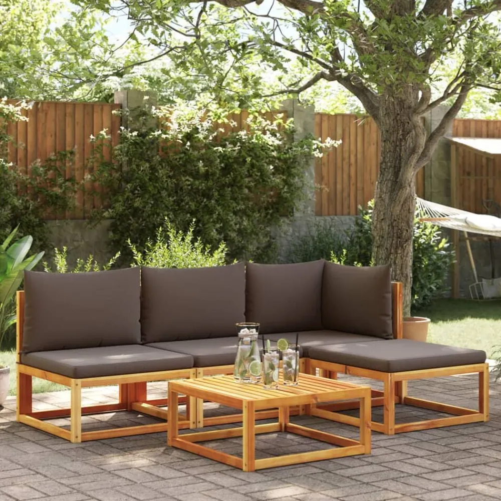 vidaXL Conjunto de sofá de jardín de 5 piezas con cojines de madera de acacia y ratán Gris Best