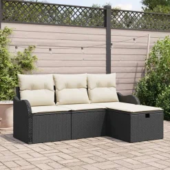 vidaXL Conjunto de sofá de jardín con cojín 4 pcs Poliratán Negro Hot