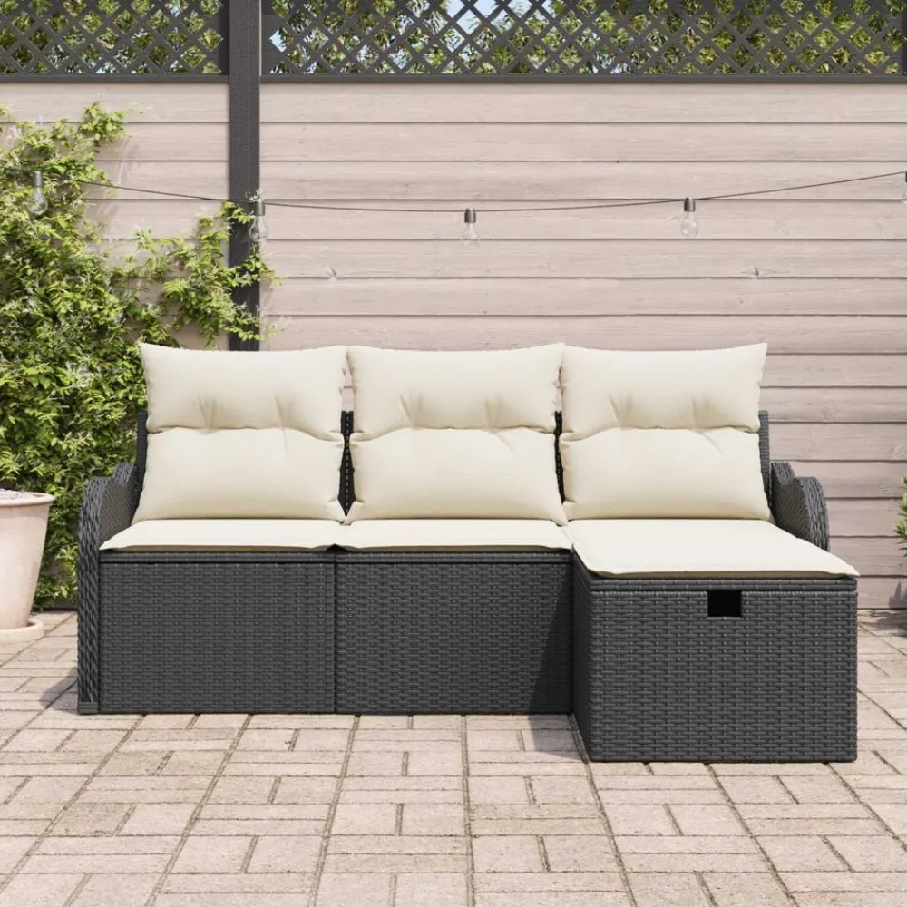 vidaXL Conjunto de sofá de jardín con cojín 4 pcs Poliratán Negro Hot