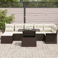 vidaXL Conjunto de sofá de jardín con cojín 8 pcs Marrón Poliratán Marr&oacute;n y crema Online