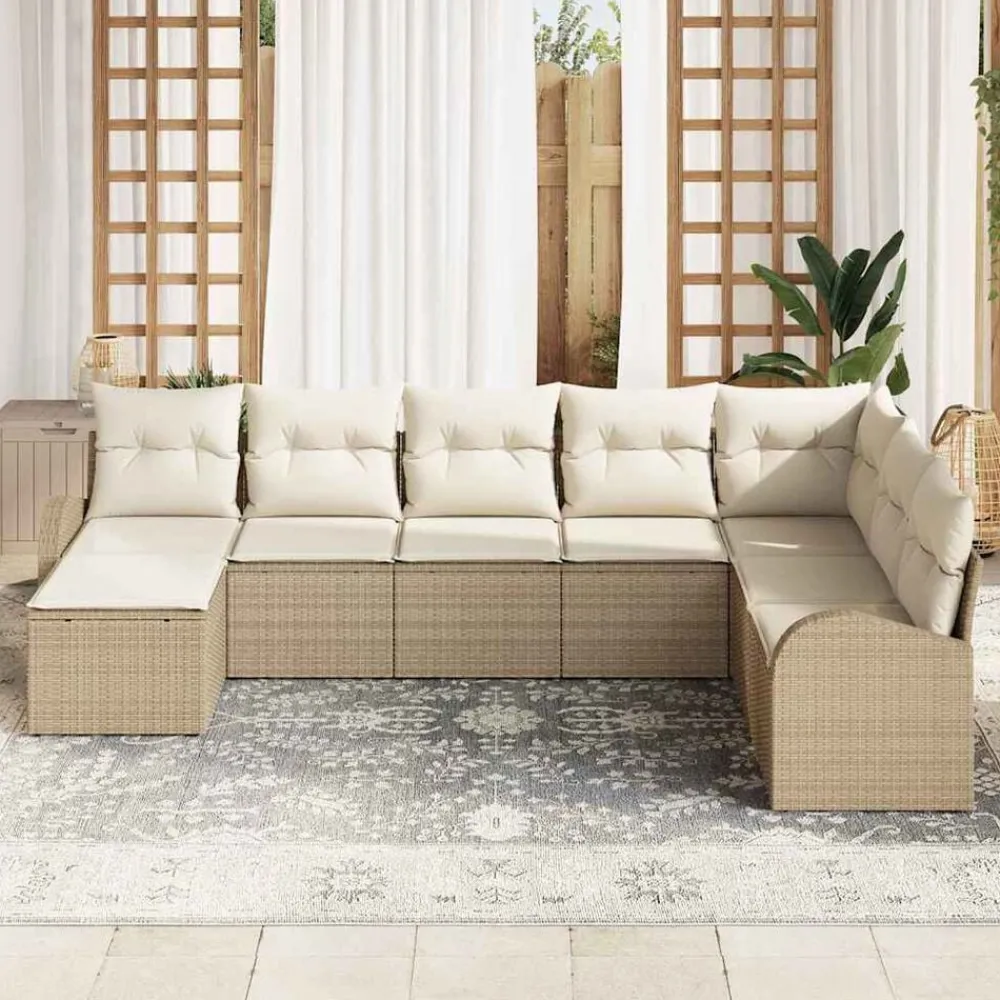 vidaXL Conjunto de sofá de jardín 8 pcs Beige Rattan de Poliéster beige y crema