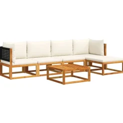 vidaXL Conjunto de sofá de jardín de 6 piezas con cojines de madera de acacia y ratán Negro y crema Hot