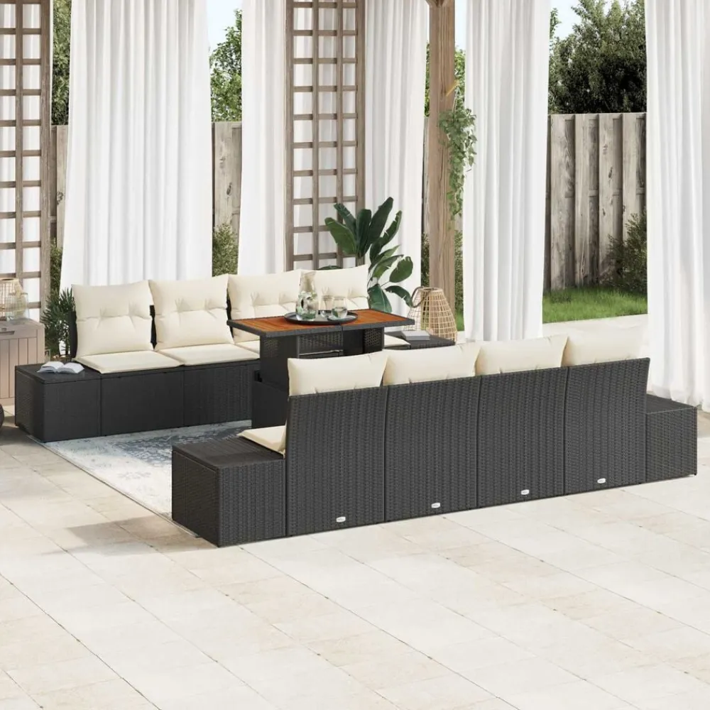 vidaXL Conjunto de sofá de jardín 9 pcs Negro Poliratán Negro y blanco Sale