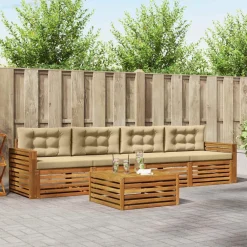 vidaXL Conjunto de sofás de exterior con cojín 5 pcs Natural y beige Sale