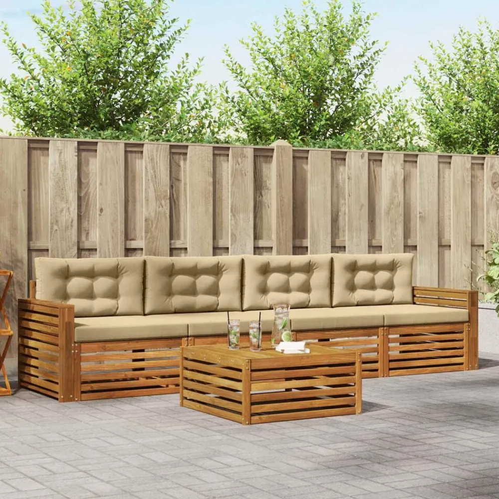 vidaXL Conjunto de sofás de exterior con cojín 5 pcs Natural y beige Sale