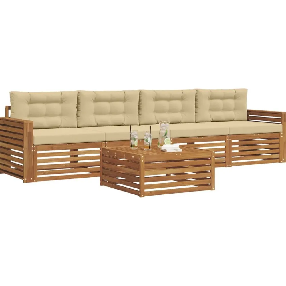 vidaXL Conjunto de sofás de exterior con cojín 5 pcs Natural y beige Sale