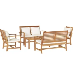 vidaXL Conjunto de sofás de jardín 5 pcs Natural Madera de teca maciza Natural y crema Best