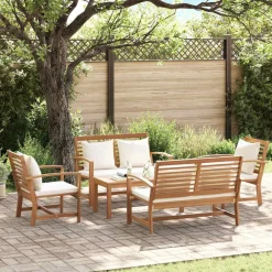 vidaXL Conjunto de sofás de jardín 5 pcs Natural Madera de teca maciza Natural y crema Best