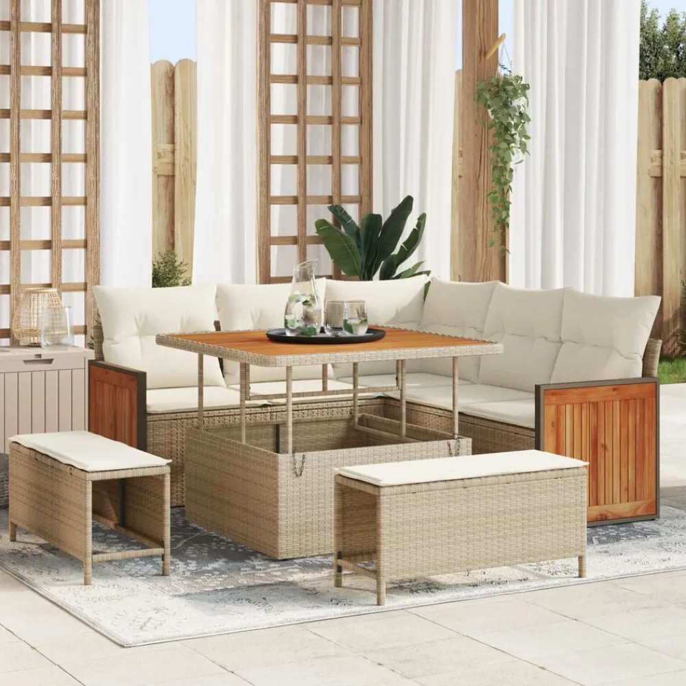 vidaXL Conjunto de sofás de jardín 9 pcs ratán sintético beige y crema Outlet