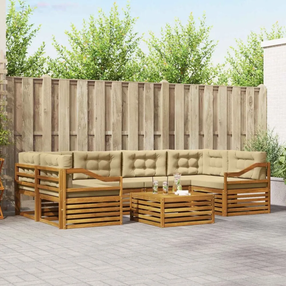 vidaXL Conjunto de sofás de exterior con cojín 7 pcs Natural y beige Discount