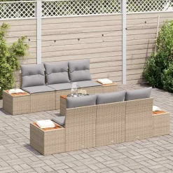 vidaXL Conjunto de sofás de jardín con cojín 7 pcs Beige Poliratán beige y gris Discount