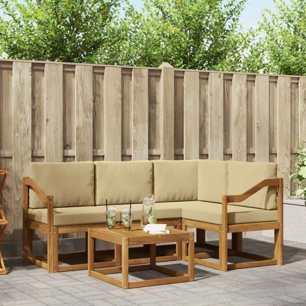 vidaXL Conjunto de sofás de exterior con cojín 5 pcs Natural y beige Sale