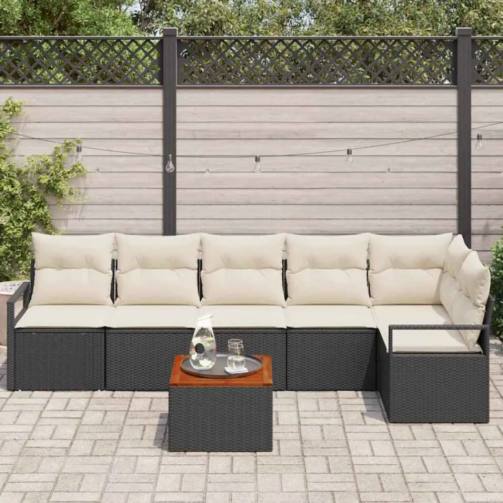 vidaXL Conjunto de sofás de jardín 7 pcs Negro ratán sintético Negro y crema Outlet