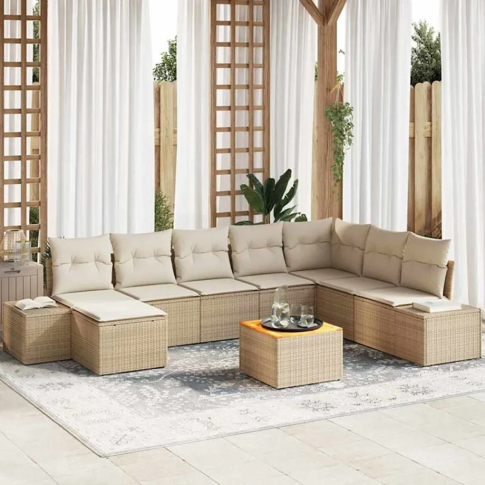 vidaXL Conjunto de sofás de jardín 9 pcs Beige ratán sintético beige y crema Hot