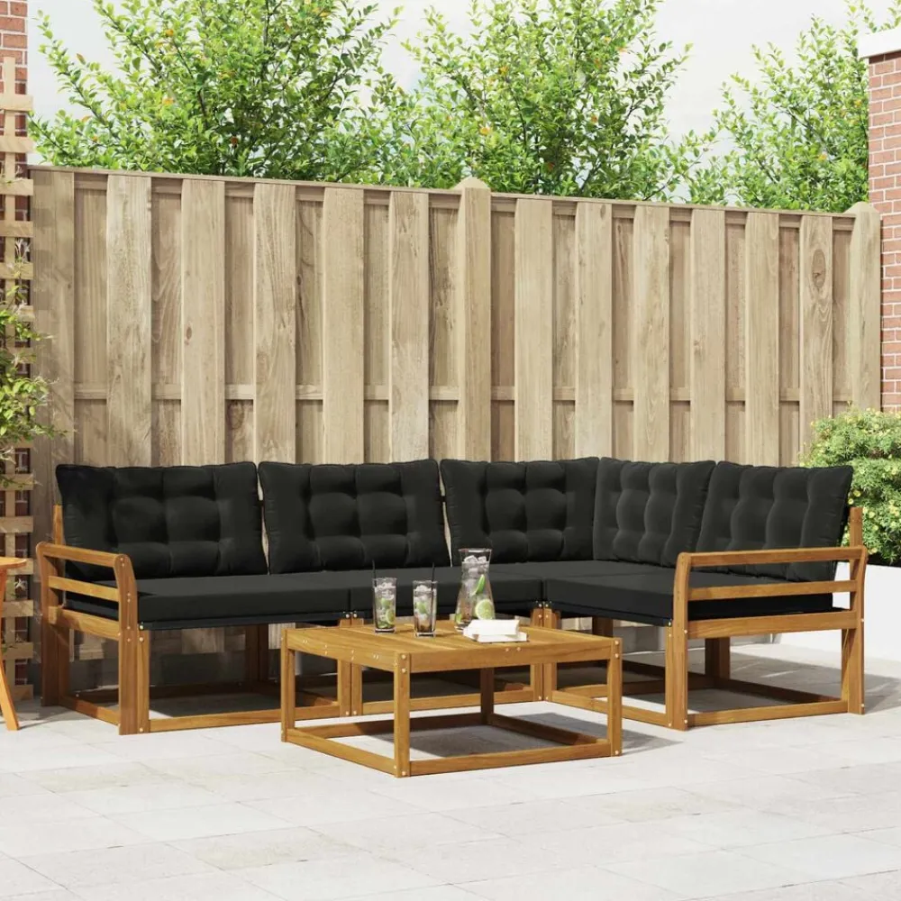 vidaXL Conjunto de sofás de exterior con cojín 5 pcs Natural y negro