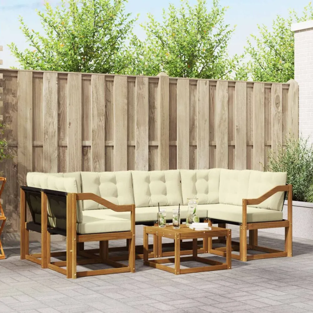 vidaXL Conjunto de sofás de exterior con cojín 7 pcs Natural y crema Online