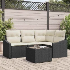 vidaXL Muebles De Jardín-Conjunto de sofás de jardín con cojín 5 pcs Marrón y crema