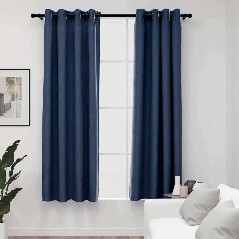 vidaXL Cortinas opacas con ojales look de lino 2 pzas 140x175 cm Azul New
