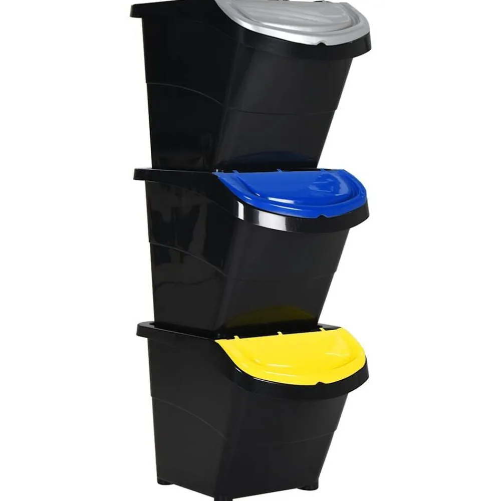 vidaXL Cubos de basura apilables con tapa 3 uds PP 78 L Negro Discount