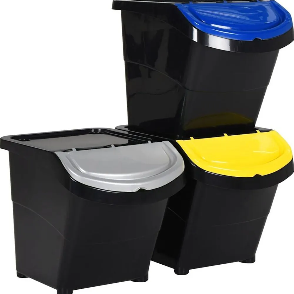 vidaXL Cubos de basura apilables con tapa 3 uds PP 78 L Negro Discount