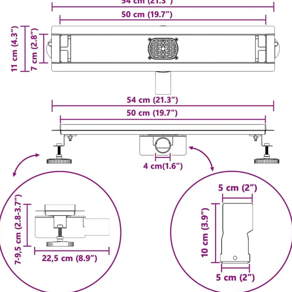 vidaXL Fontanería-Desagüe de ducha con tapa de vidrio y sifón 360° Negro 50 cm