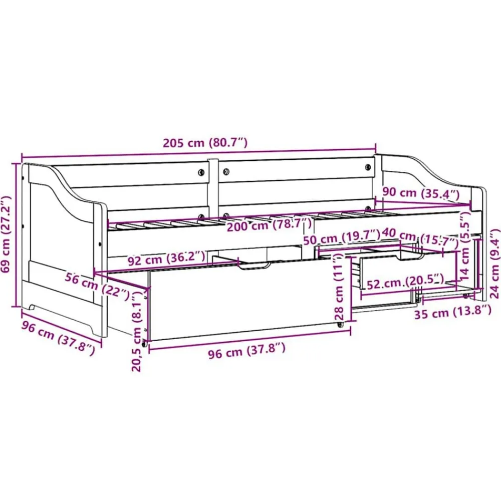 vidaXL Camas Y Accesorios-Diván con 3 cajones sin colchón IRUN 90x200 cm
